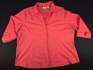 Riders by Lee Women's 2X Bright Coral Button Front Stretch Shirt 3/4 Roll Tab